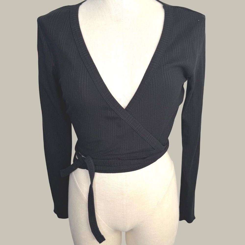 Vitamin A Black Ribbed Long Sleeve Wrap Crop Top Medium NWT
